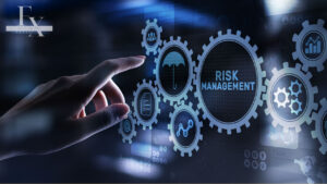 photo of a man looking at a display with the words risk management